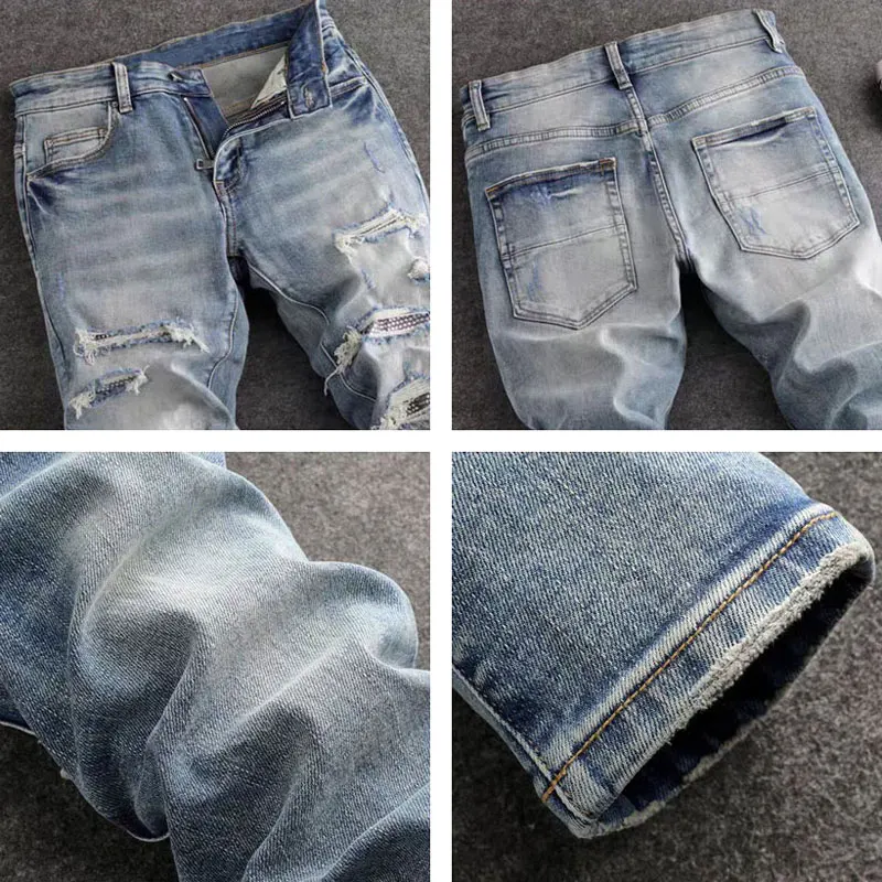 Fashionable new men's jeans with bead embellishments, washed with nostalgia, perforated with bead patches, light blue jeans, hig