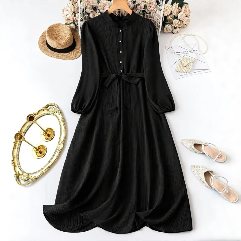 ボヘミアン風 レディース マキシ丈ワンピース 2025年新作 ブラック レースアップ ウエストマーク ロングスリーブ 上品でファッショナブルなプロムドレス 女性用 ローブ