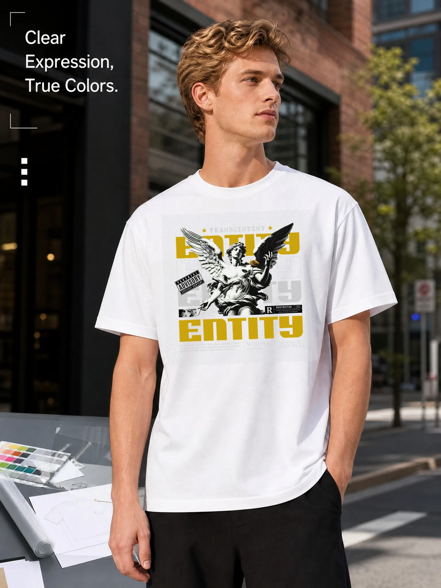 Men's White Loose-Fitting Round-Neck Short-Sleeved T-Shirt, Retro Angel Print Letter Pattern Top, Street Fashion Casual Versatile Style, Breathable and Comfortable for Everyday Wear