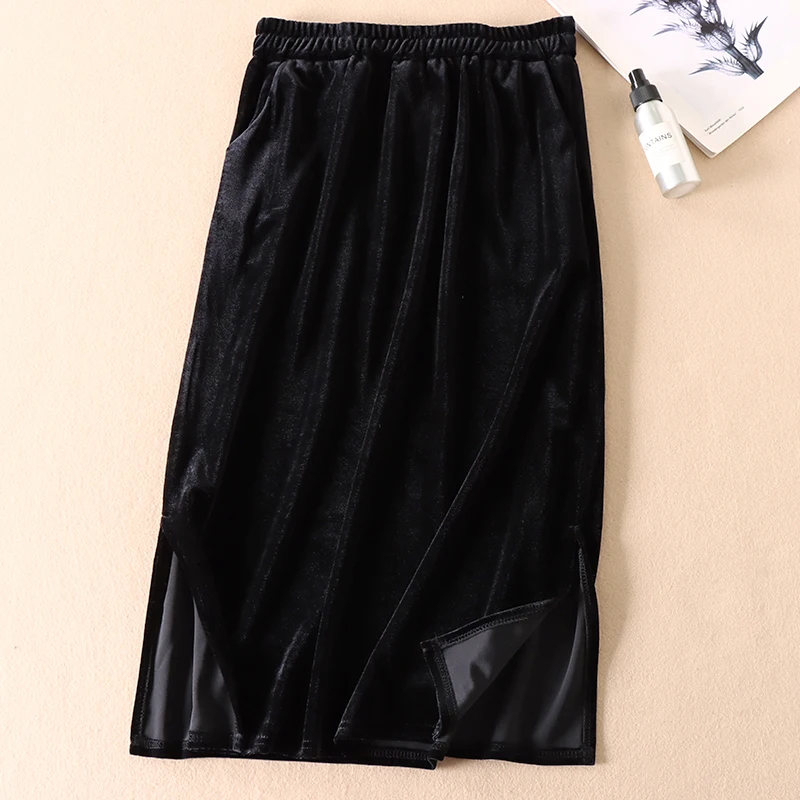 

Spring Golden Velvet Half Skirt Women's High Waist Mid Length Black Over Knee Split Skirt