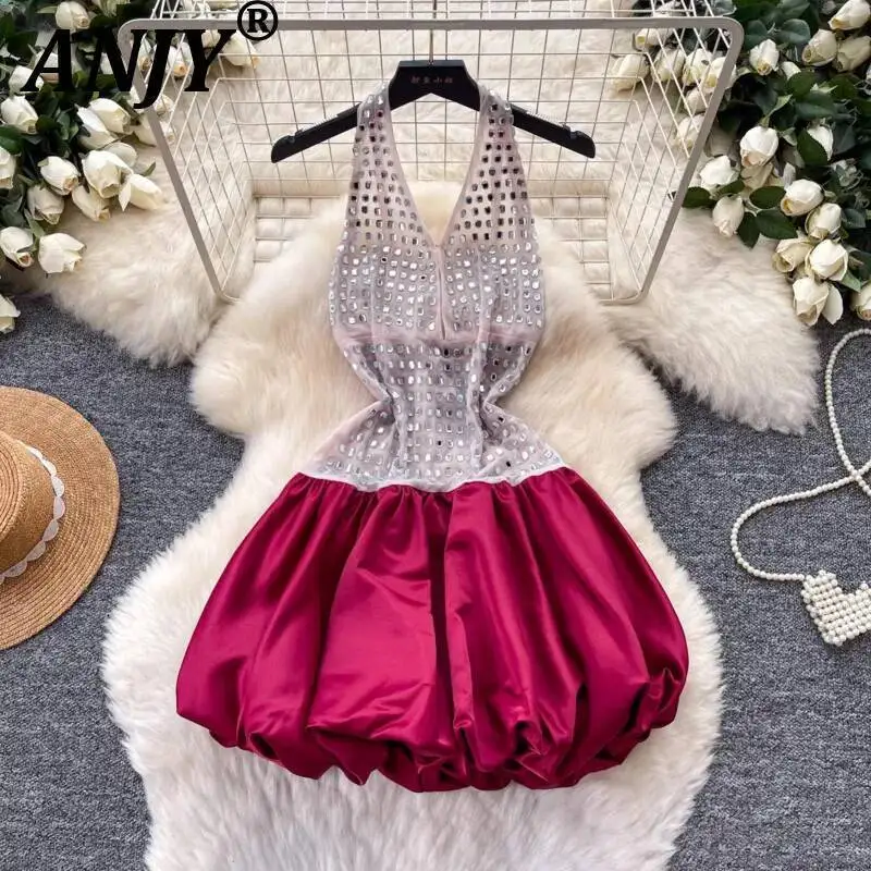 

ANJY Summer New Women Sexy Sweet V-Neck Halter Heavy Diamonds Sleeveless Backless Dress Contrast Color Elegant Ball Gown A23762