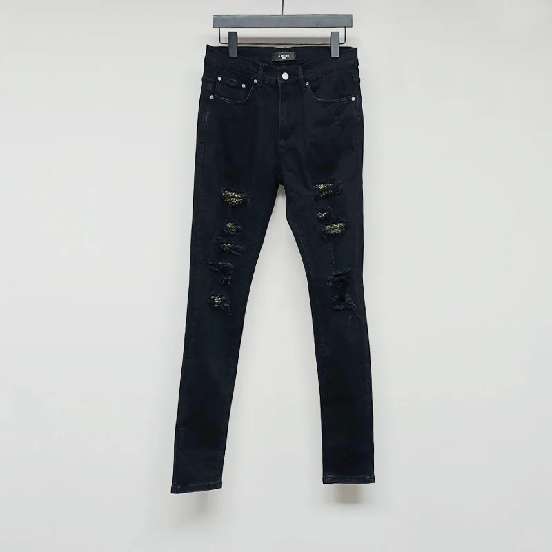 Men Black Washed Iridescent Foil Print Splash‑Ink Distressed Stretch Skinny Denim Jeans Hip‑Hop Streetwear Denim Jeans