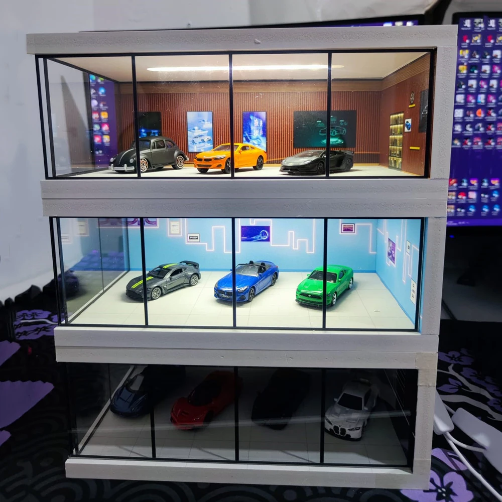 

1/64 Scale Miniature Scene Model Car Figure Dolls Exhibition Hall Garage Simulate Showroom Dioramas Mini House Props for Fans