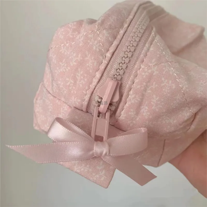 Floral Print Pink Sweet Storage Bag Women Mini Bag Solid Zipper Cute Makeup Bag Rectangle Student Pencil Bag Chic Coin Purse New