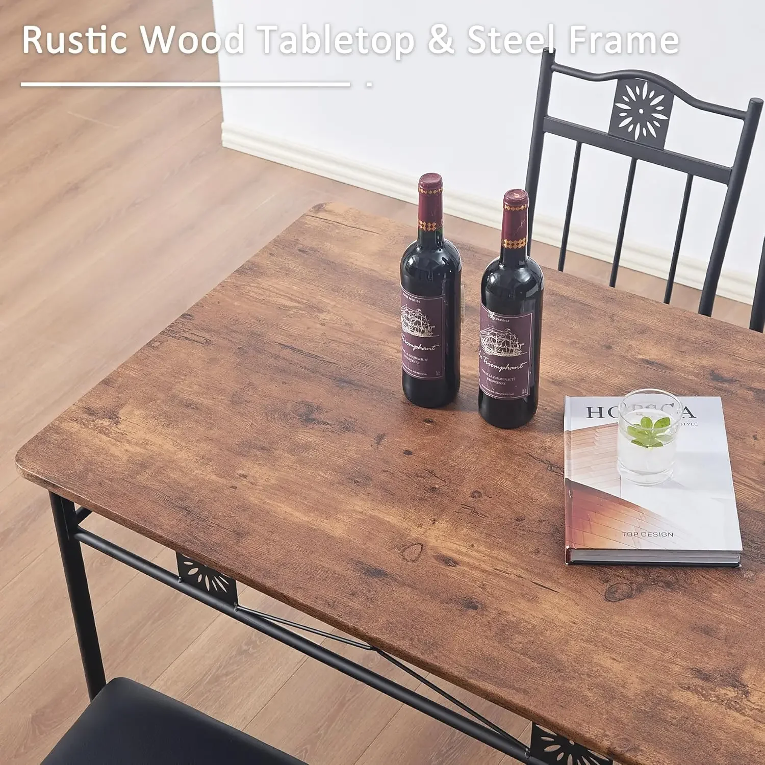 Conjuntos de mesa de quarto para 4, ângulo de café da manhã retangular de metal e madeira de 5 peças, dinette com cadeiras, marrom retrô