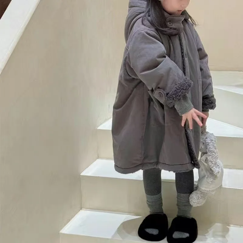 

Thiened Cotton Jaet for Children Lamb Velvet Hooded Coat Middle-Length Double-Sided Wear Winter Clothes for Girls Baby
