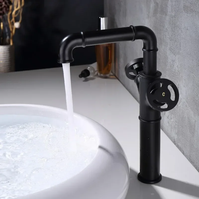 Industrial wash basin faucet matte black faucets mixers taps 2 holes brass bathroom sink faucet