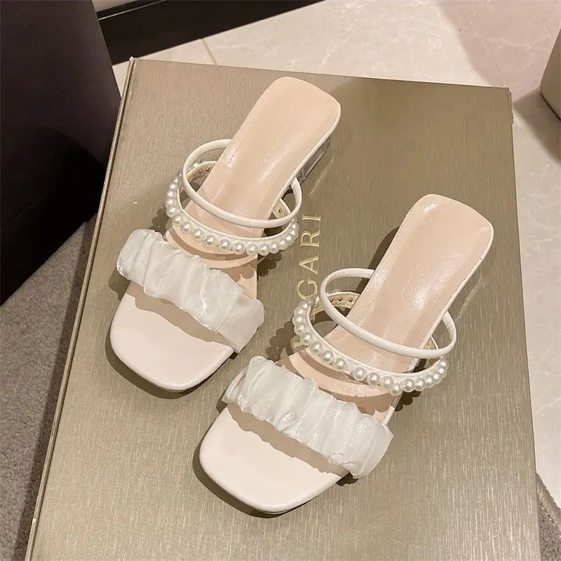 2024 Summer New SandalsWomen\'s Middle Heel Crystal Thick Heel Wearing Fashion Style Pearl Upper Decorative Sandals Women\'s Shoes