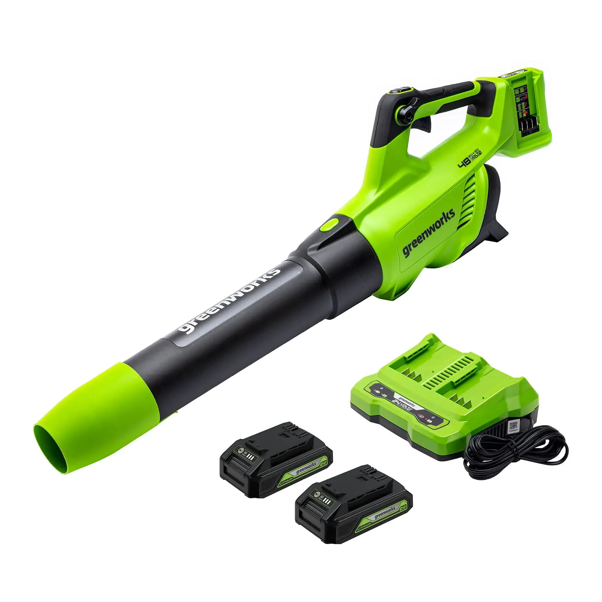 

Greenworks 48V (2x24V) 125 MPH 515 CFM Cordless Axial Leaf Blower with (2) 2.0Ah USB Batteries and Charger