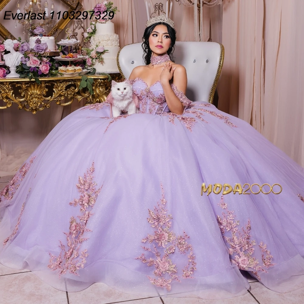 

EVLAST принцесса сиреневая Лаванда платье Quinceanera бальное платье блестящая Кружевная аппликация корсет, вышитый бусинами Sweet 16 Vestido De 15 лет QD1078