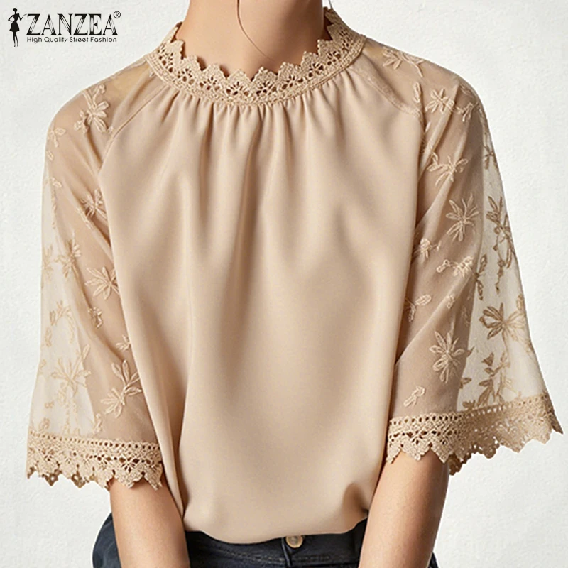 ZANZEA Elegancka Bluzka Koronkowa Damska Jesienna Stójka Casualowa Tunika Modne Bluzki Patchworkowe Biurowe Damskie OL Blusas Femininas 2025