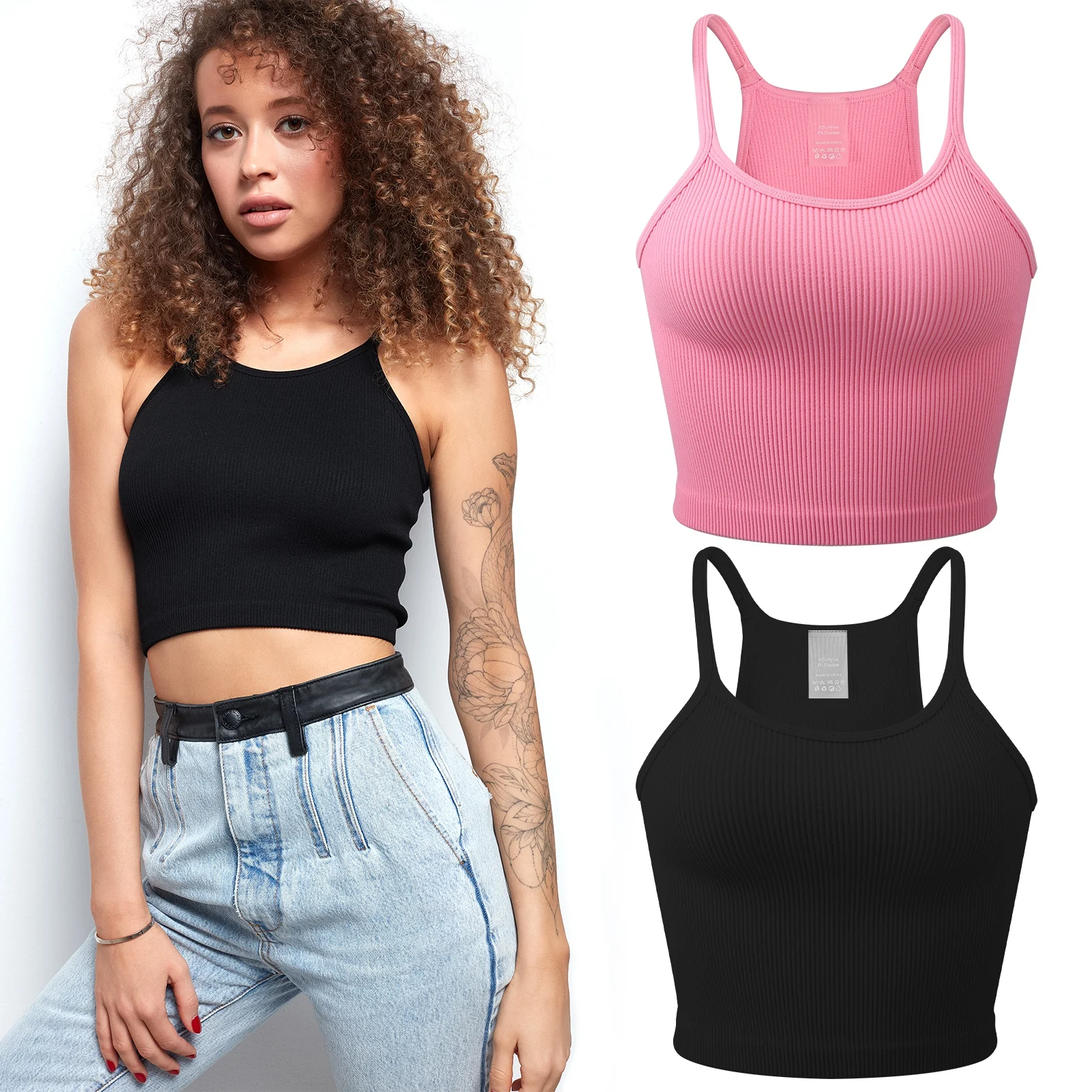 2 Pieces Women Tank Tops Sexy Going Out Sports Ribbed Summer Tops Crop Tops for Ladies Black+Pink