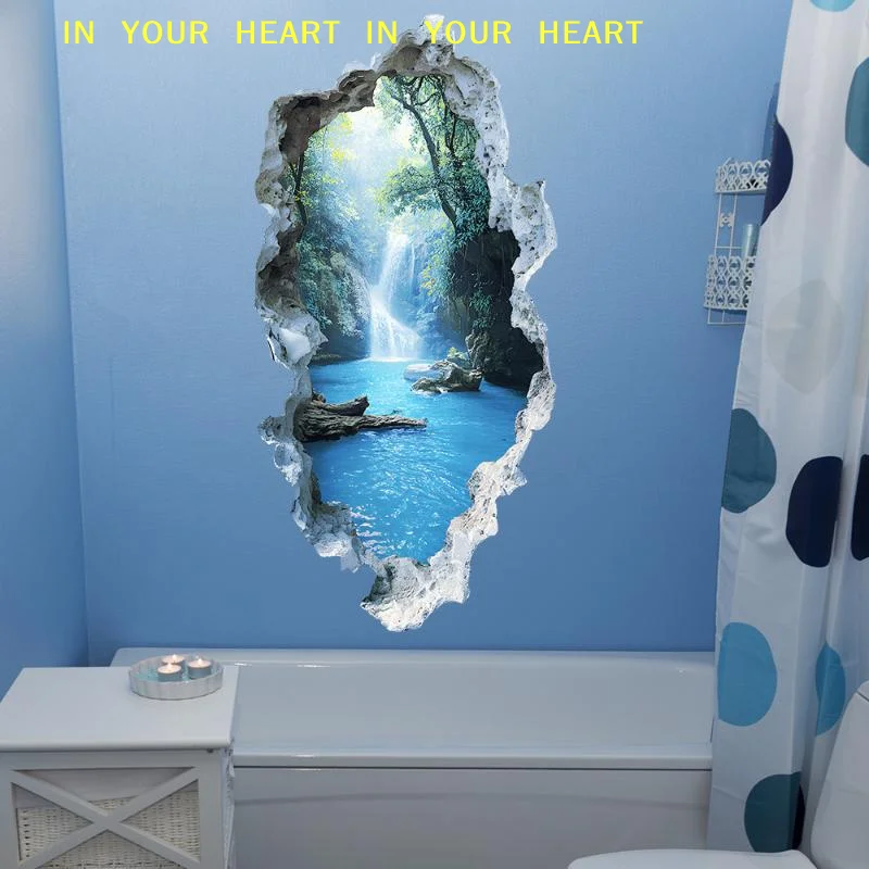 Landscape Wall Stickers For Bedrooms Room Bathroom Home Decoration Stickers Creative Hole Valley Waterfall Scenic Wall Stickers