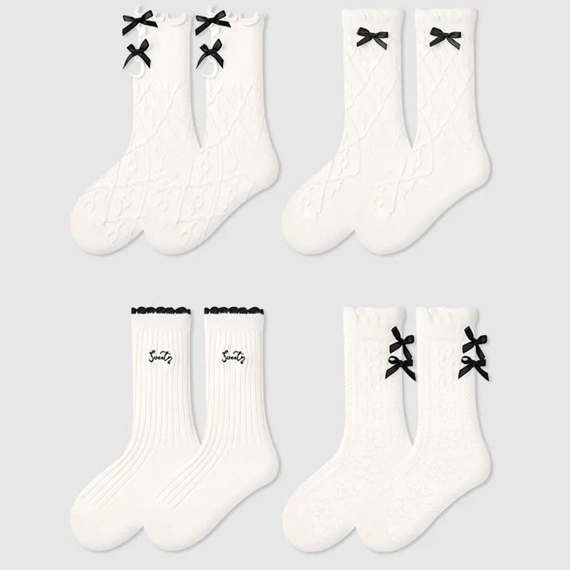 

2024 Spring 4pairs/lot Solid White Sweet Bow Girl Baby Mid Socks Children Fashion Letter Cotton Socks Kid Breathable Sport Socks