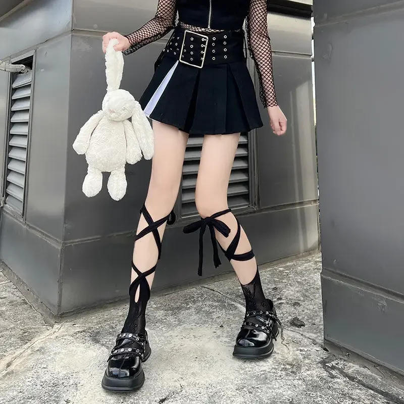 Gothic Lolita Girls Elastic Long Bandage Heart calze a rete Jk Tie Lace Mesh calze donna Sexy Middle Tube Straps calzini fai da te