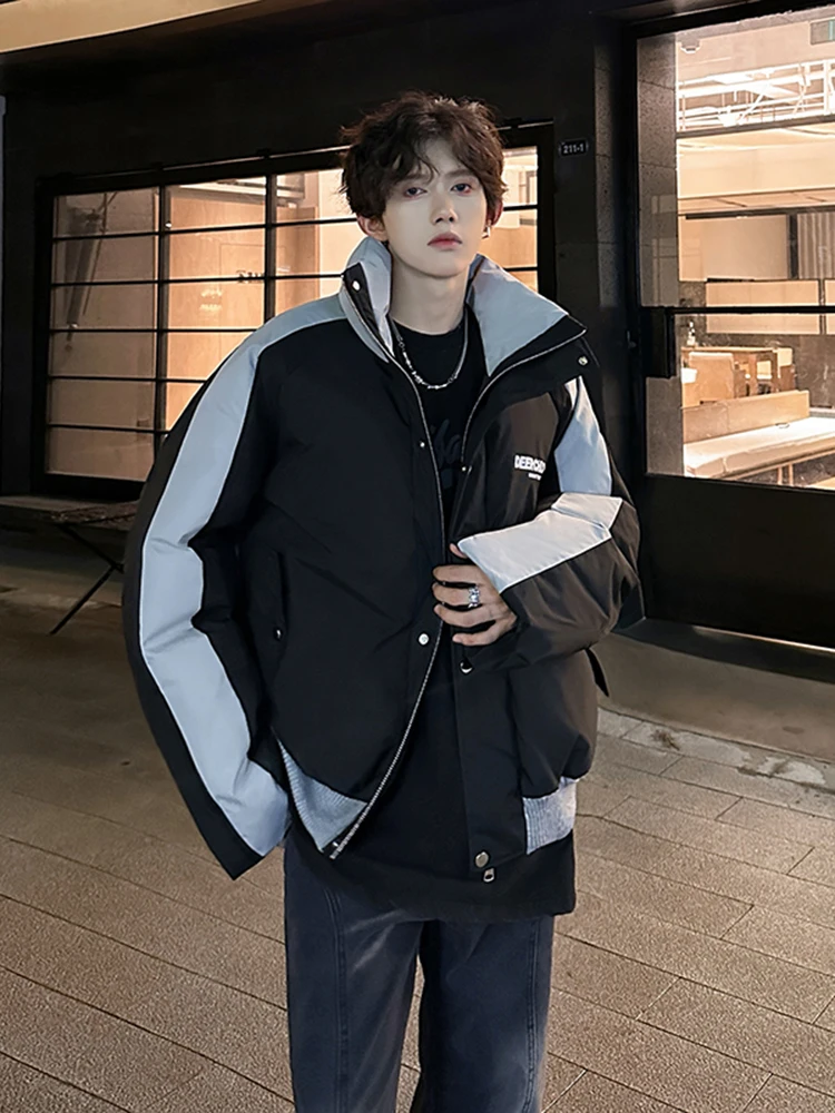 American Color Blo ort Thiened Cotton Jaet Men's Winter Sli Workwear Outerwear Bread Sle Stand Collar Patchwork