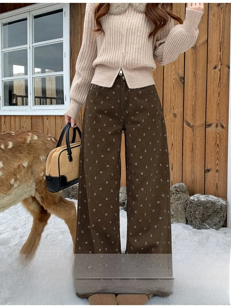 

Ретро Цветочный Принт Высокая Талия Широкие Джинсы Женские Осень Зима Slim Fit Какао Коричневые Джинсовые Брюки Повседневная Высокая Одежда Re...