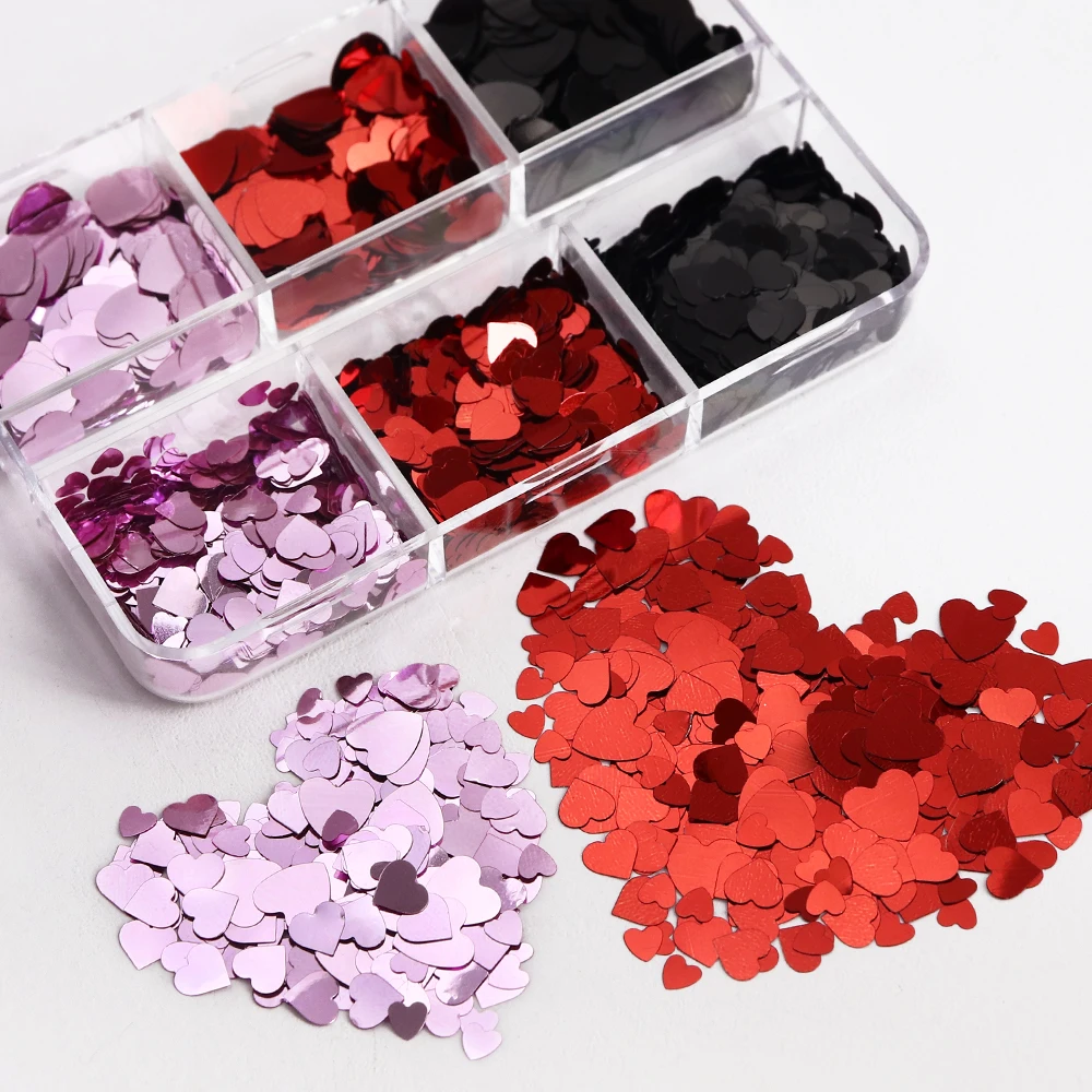 6 Grids Mix Love Heart Sequins Glitter For Epoxy Resin Filling Balck Red Purple Heart Shape Paillettes DIY Pendant Crafts Making