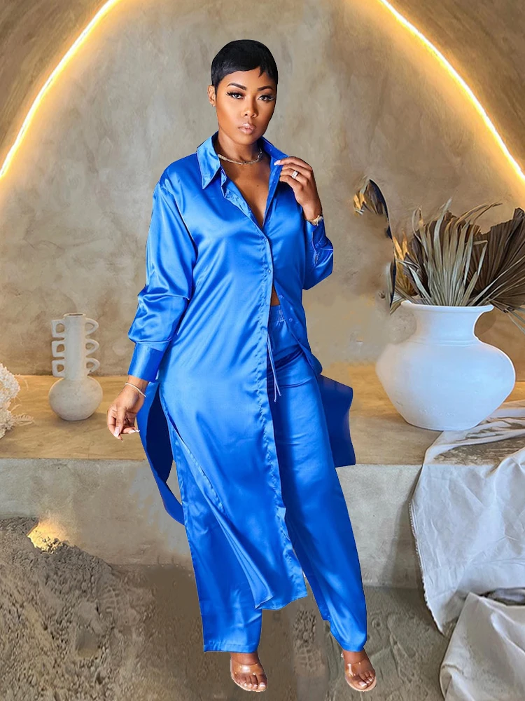 

Summer Two Piece Set Women 2023 Satin Outfit Elegant Ladies Loose Long Shirt Pants and Blouse Set Wholesale Dropshipping