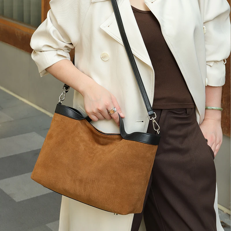 

Женская замшевая мягкая сумка через плечо из воловьей кожи, женские сумки на плечо из матовой коровьей кожи, женские портативные повседневные сумки в стиле ретро