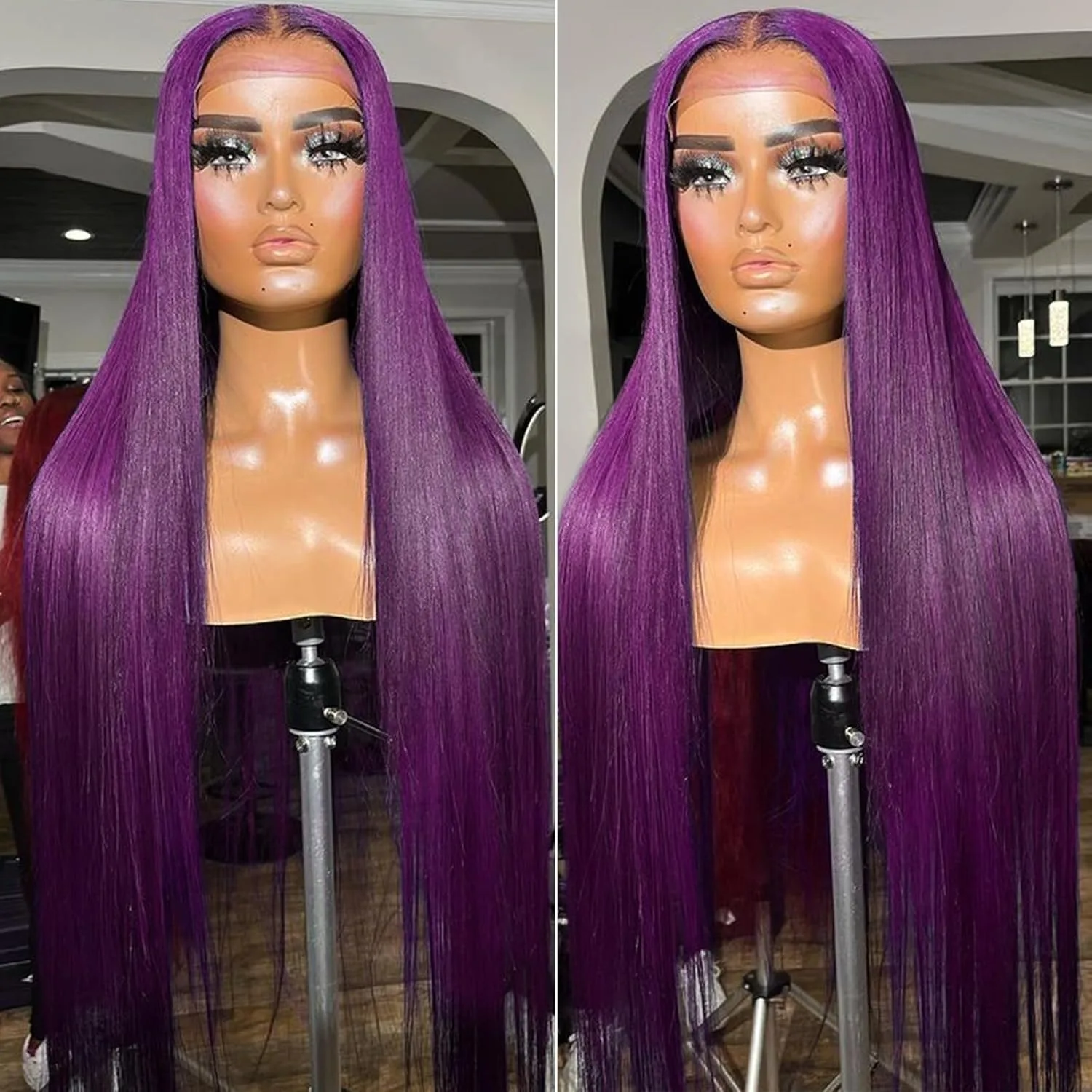 180 Плотность Темно-фиолетовые парики фронта шнурка Синтетические 13x4 Прямые темно-фиолетовые кружевные фронтальные бесклеевые парики Предварительно выщипанные с волосами ребенка