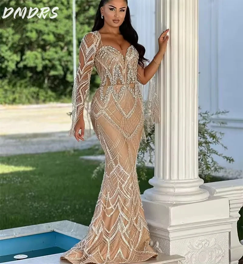 

Charming Glitter Mermaid Evening Gowns 2025 Classic Long Sleeve Arabic Prom Dresses Customized Wedding Party Engagement Gowns