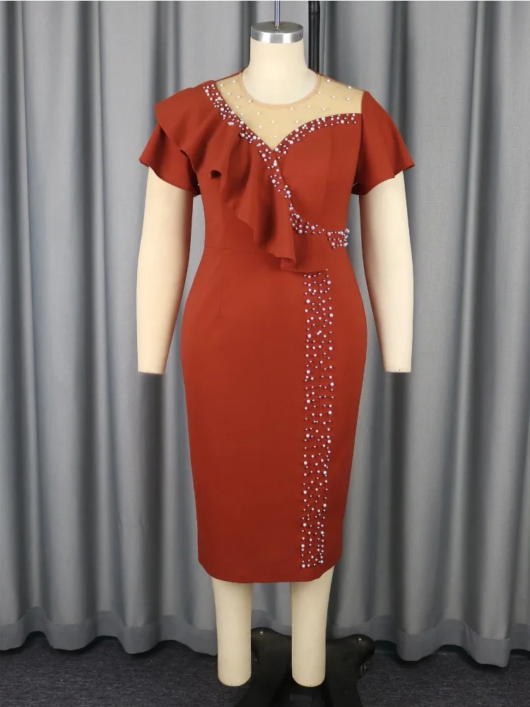 Elegant Women's Bodycon Dress Beaded Ruffles Short Sleeves Mesh Patchwork Neckline for Party Wedding Guest Birthday Business