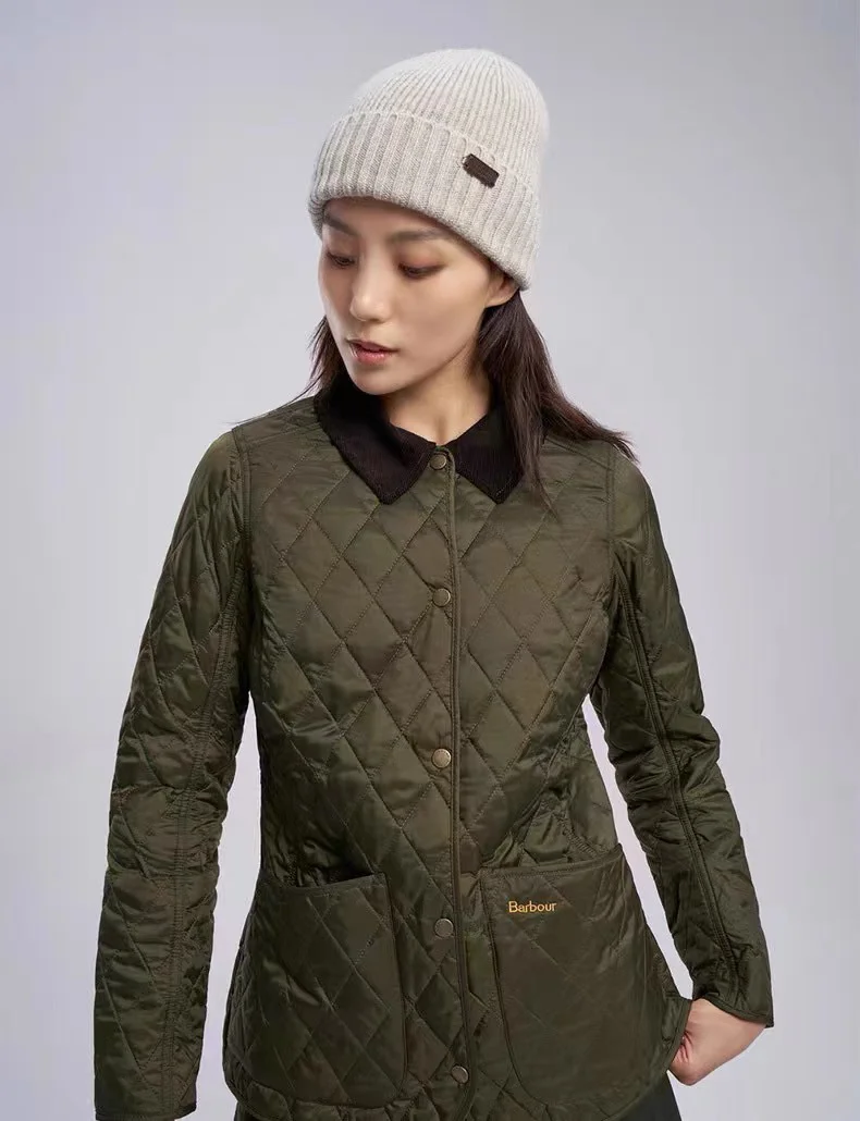 Barbour mid-length cotton jacket for women 2024 autumn and winter new corduroy collar diamond plaid jacket