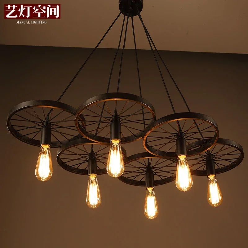 loft creative personality retro restaurant bar American country wrought iron chandeliers industrial style wheels