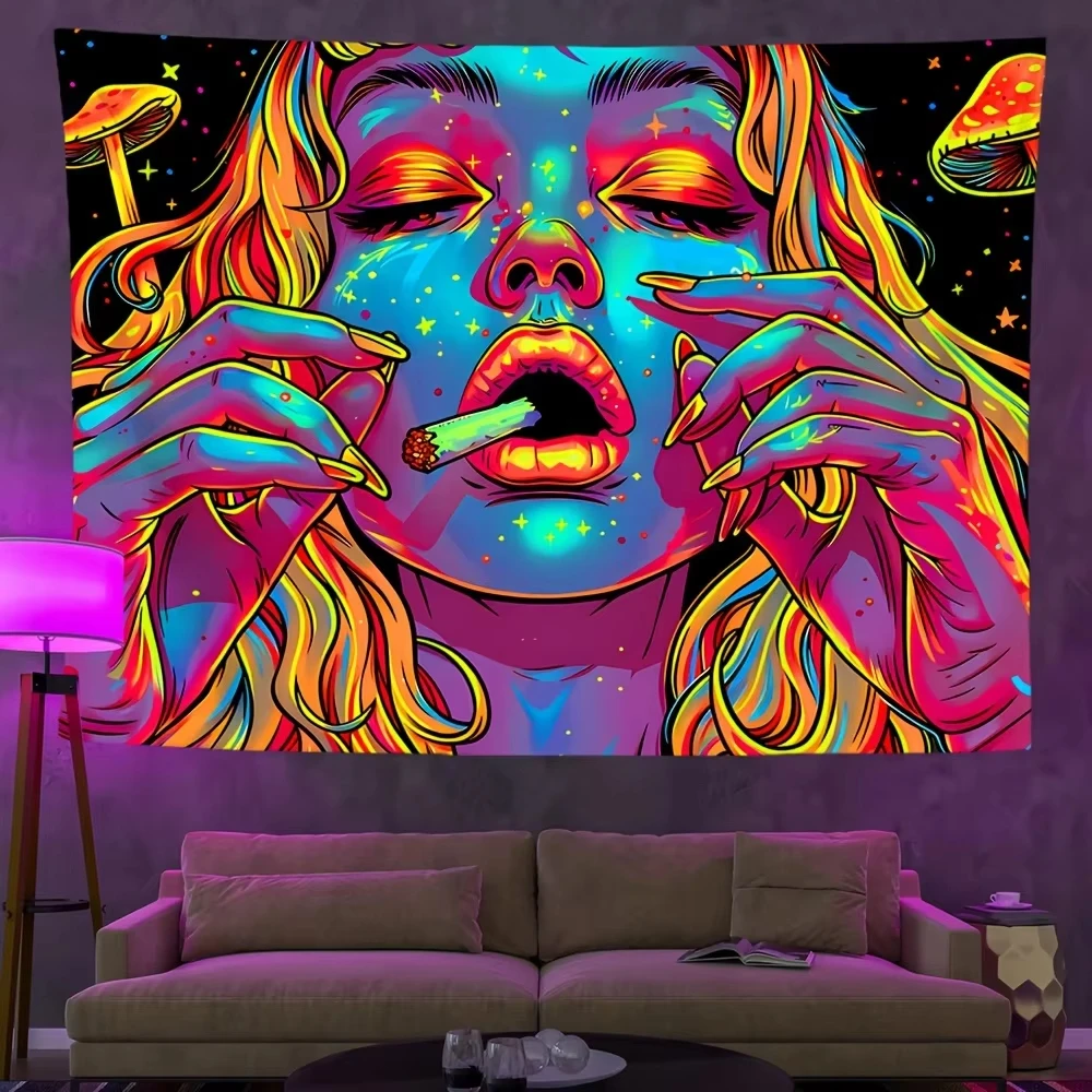 VIKAMA Neon Psychedelic Wall Tapestry, Cosmic Woman & Mushroom Art, Boho Home Decor for Living Room & Bedroom