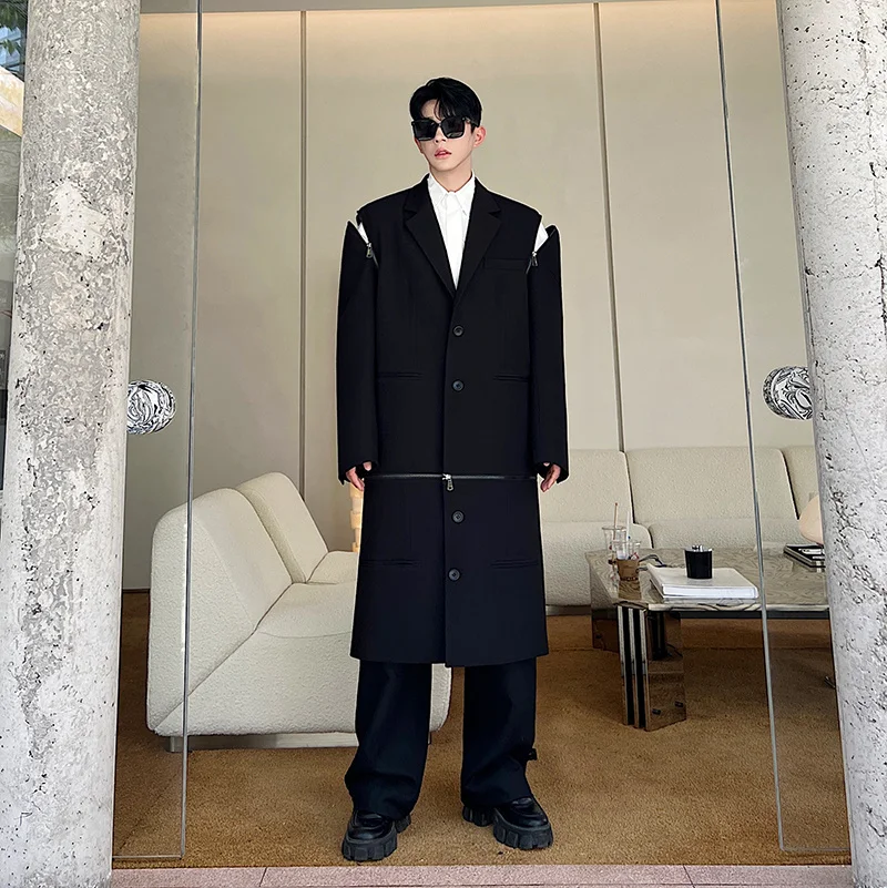 

Detachable Men's Long Coat Windbreaker Jaet Advanced Design Multiple Zippers Faionable Youth Loose Fit Autumn Outerwear