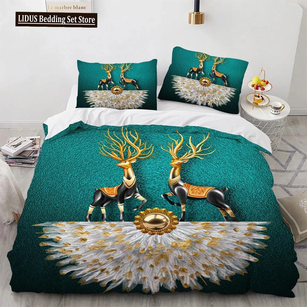 

Cartoon Elk Duvet Cover King Queen Size Golden Deer Pattern Bedding Set For Teens Adults Wild Buck Quilt Cover With Pillowcase