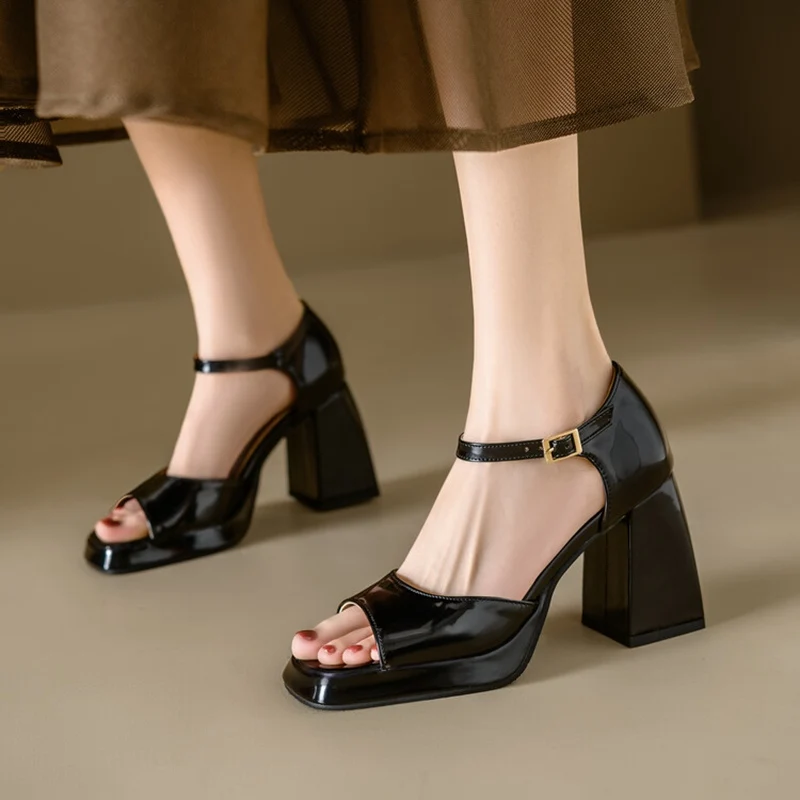 ORCHALISA Elegant 9cm Thick Heel Women Sandals Shoes Spring 32 33 41 42 43 45 46 One Buckle Peep Toe Patent Leather High Quality