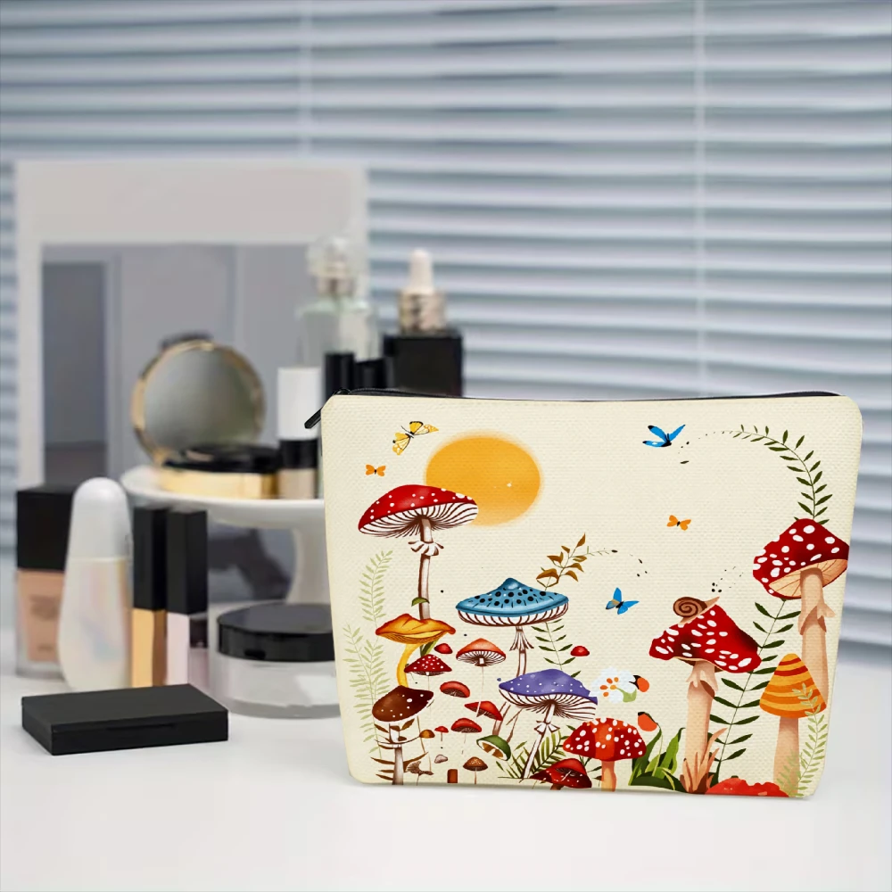Mushroom Forest Sun Butterflies Leaves Makeup Bags for Girls Cosmetic Pouch Toiletry Bag Pencil Case Travel Storage view 6