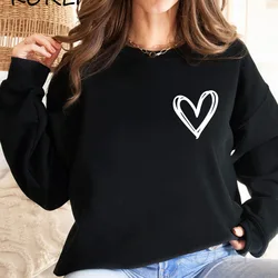 Autumn Winter Women's Velvet Hoodie Round Neck Heart-shaped Print Female Aesthetic Sweatshirts Streetwear Women