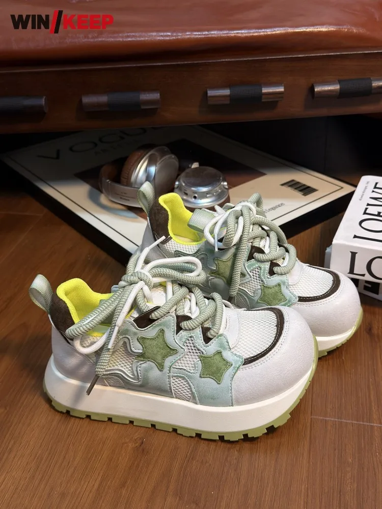 

Women Outdoor Running Shoes Mesh Spliced Cow Leather Thick Platform Sport Shoes Height Increasing Lady Jogging Trainers Sneakers