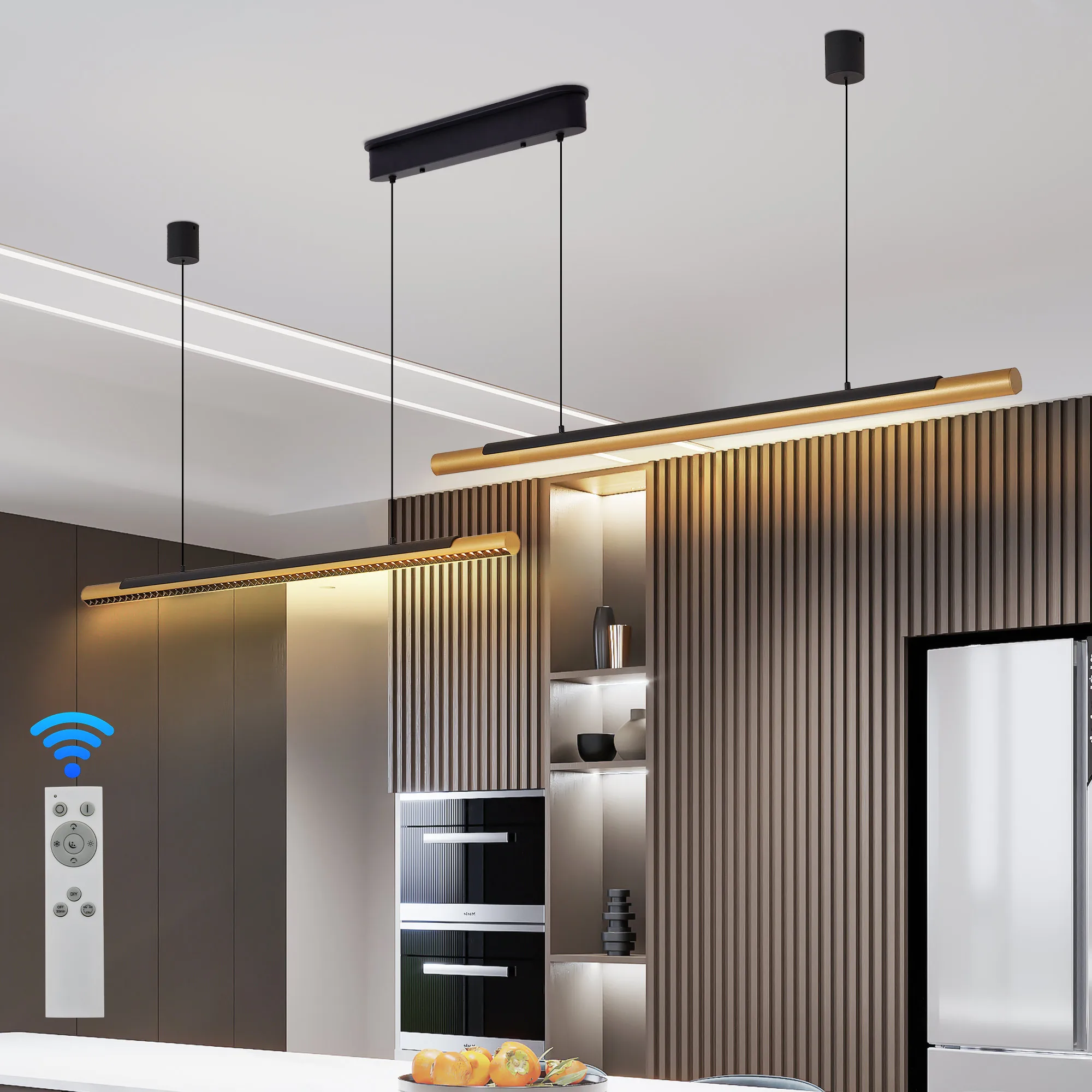 

Dimmable Linear Wood Chandelier for Dinning Room Bar, Wood Grain Print, Pendant Light Fixture Led Linear Island Light