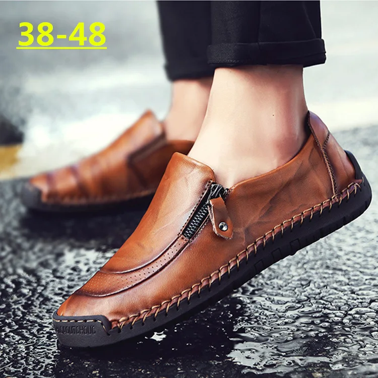 Men's Casual Leather Shoes Borwn Flats Loafers Summer Breathable Soft Leather Shoes for Men Work Footwear Zip Sewing Big Size