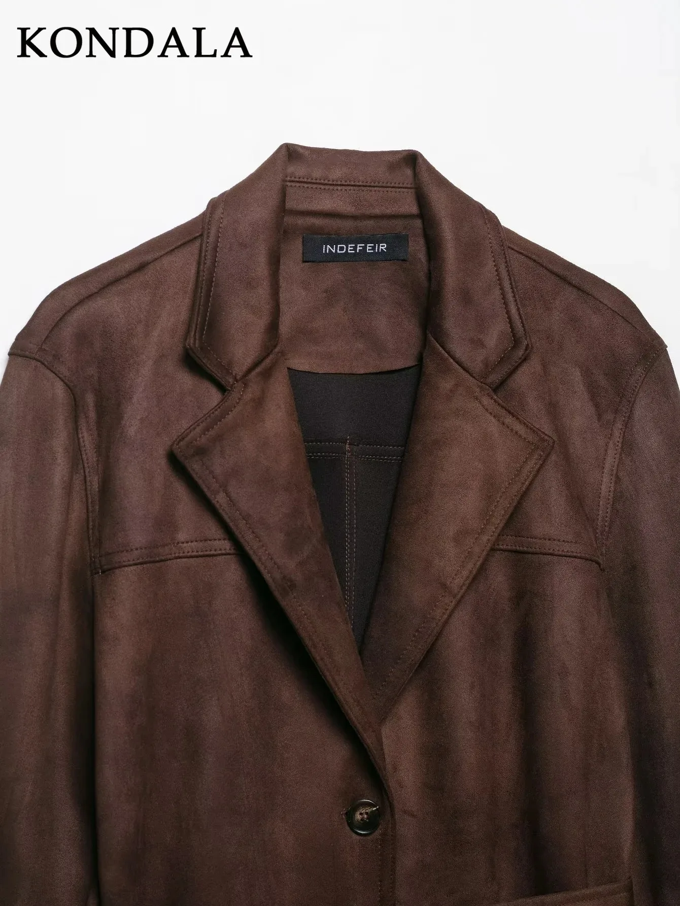 KONDALA 2025 معاطف نسائية لخريف وشتاء من جلد الغزال باللون البني ملابس خروج أنيقة للسيدات بياقة مقلوبة معاطف واحدة الصدر #5