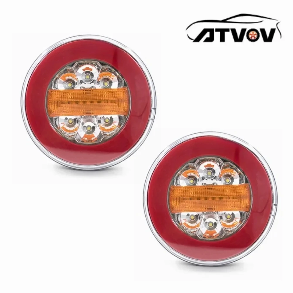 ATVOV 2Pcs Round LED 12V 24V Trailer Truck Dynamic Rear Tail Flow Running Trun Signal Reverse Brake Stop Lamp Caravan Lorry
