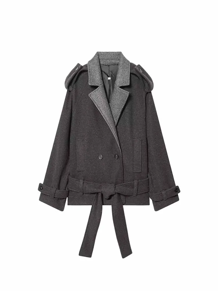 

HH Woman Spring Fashion Elegant Long Sleeves Casual Double Breasted Pocket Decoration With Belt Short Coat Female Loose Coat