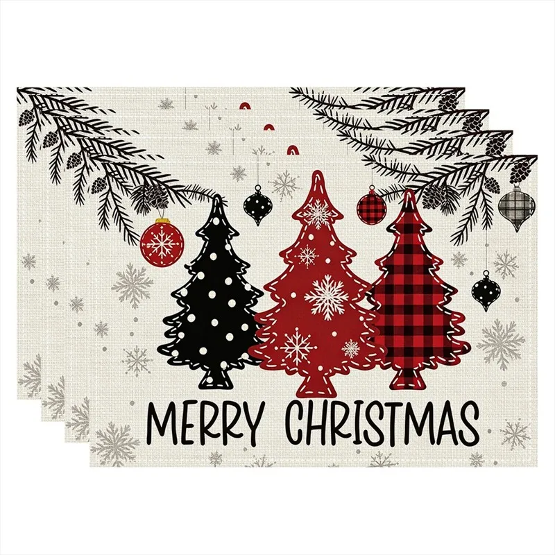 VIKAMA Linen Placemats Watercolor Potted Christmas Tree Cream Gold, Stain Resistant Easy to Clean, Dining Table