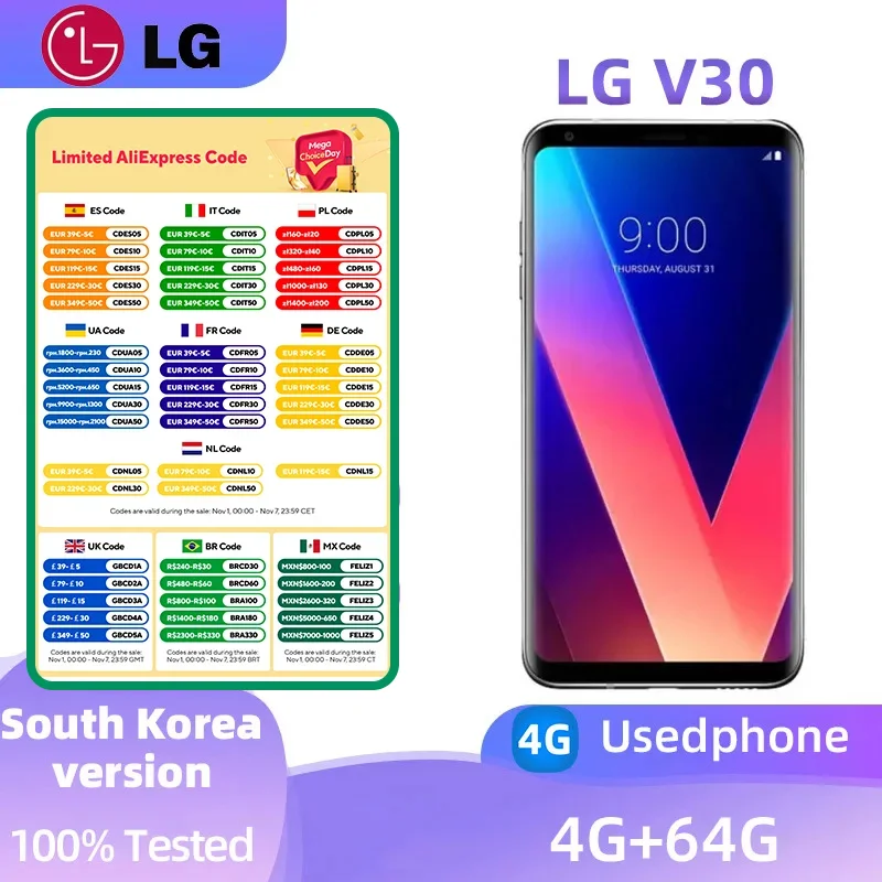 LG V30 4G SmartPhone CPU Qualcomm Snapdragon 835 Battery capacity 3300mAh 16MP Cameraoriginal used phone