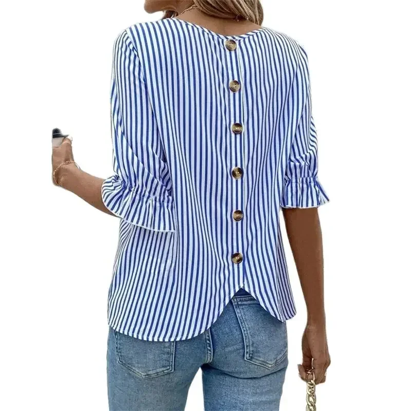 

Elegant Striped Color Blocking Single-breasted Back Cardigan Shirt Women Ruffled Half Sleeve Blouse Female Commuter Casual Tops