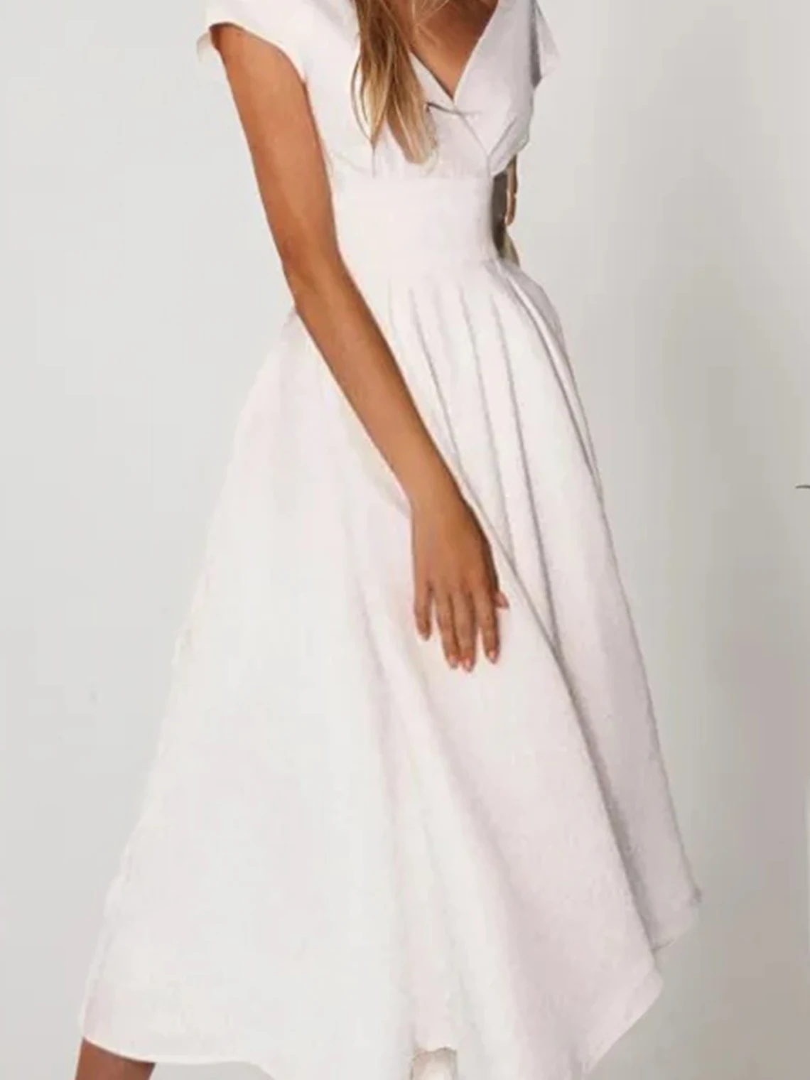 エレガントなAラインプロムイブニングドレス、Vネック、バックレス、ティーレングス、半袖、ストレッチ生地、ウェディングゲストドレス2025、無料カスタマイズ