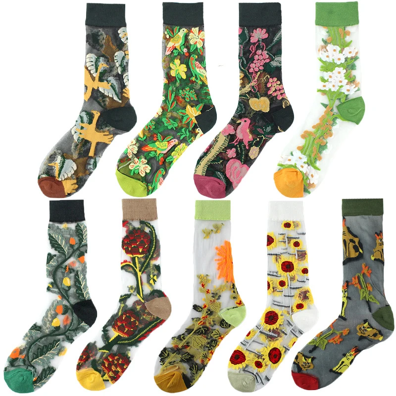 

New Fashion Harajuku High Quality Creative Crystal Silk Tide Socks Sunflowers Vines Flowers Animal Fruit Glass Silk Women SockS