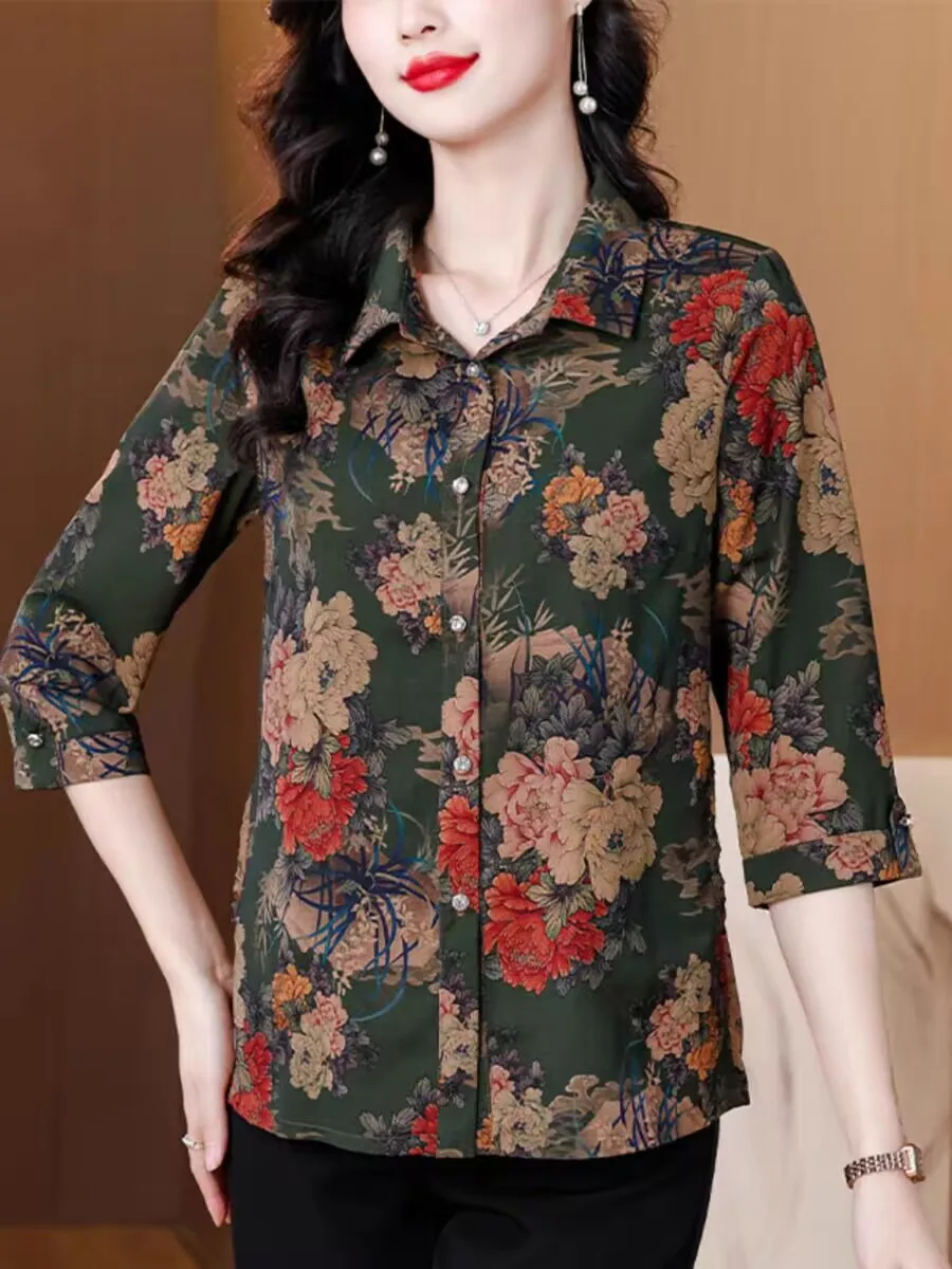 2025 ثلاثة أرباع أنيقة الربيع الصيف امرأة بلوزة بلايز أنثى رفض طوق الشيفون فضفاض مكتب الحلو الزهور المطبوعة