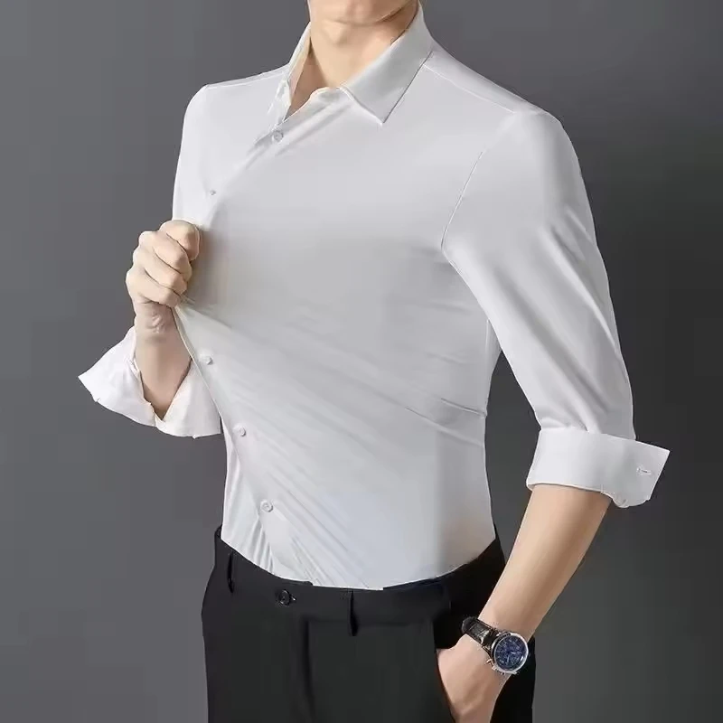 New High Stretch Anti-Wrinkle Men's Shirts Long Sleeve Dress Shirt For Men Slim Fit Social Business Blouse White Shirt Traceless