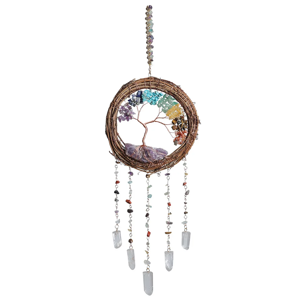 Tree of Life Christmas Wreath, Handmade with Crystals & Wood, Energy Chime Room Decor, Blessing Hanging for Holiday Season