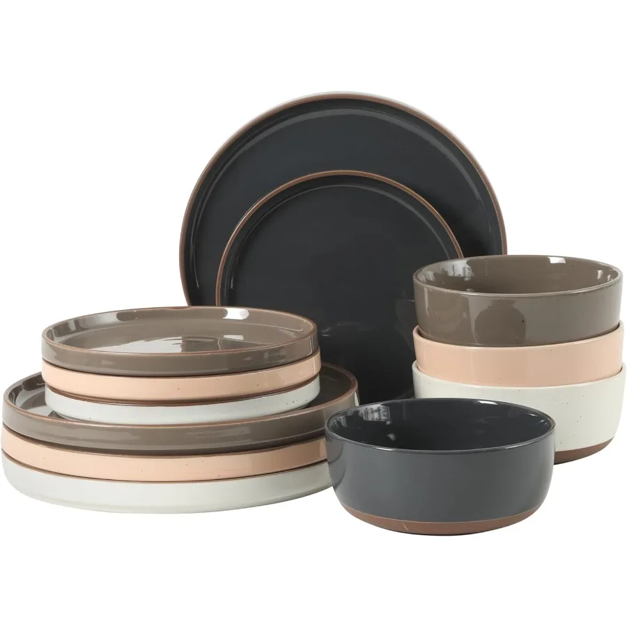 

Набор столовой посуды Northrock Stoneware, 16 предметов, набор из 4 тарелок и мисок, разные цвета, синий, белый, розовый, серый, посуда с